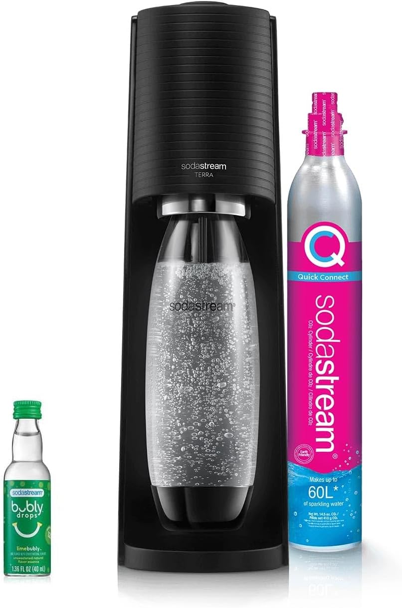 2026 2025 SodaStream Terra Machine à Eau Pétillante Bundle (Noir), avec CO2, Bouteilles Compatibles Lave-Vaisselle et Arômes Bubly Drops
