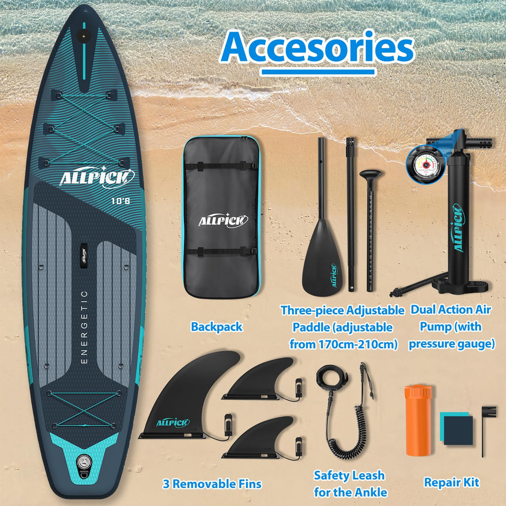 2026 Planche de stand up paddle gonflable haut de gamme ALLPICK 2025 320 x 81 x 15 cm – Ensemble complet avec pagaie réglable, sac à dos, caméra de sport et siège kayak – SUP stable et durable jusqu'à 180 kg, pour débutants et experts