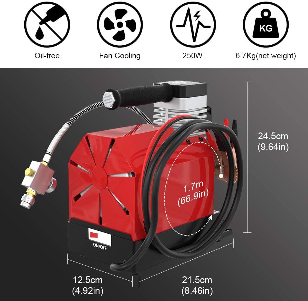 Tragbarer PCP-Luftkompressor CS2, 4500 Psi/30 MPa, ölfrei, Stromversorgung über 12 V Gleichstrom im Auto oder 110 V Wechselstrom zu Hause mit Adapter (im Lieferumfang enthalten), Paintball-Tankkompressor mit zusätzlichem Feuchtigkeits-Ölabscheider