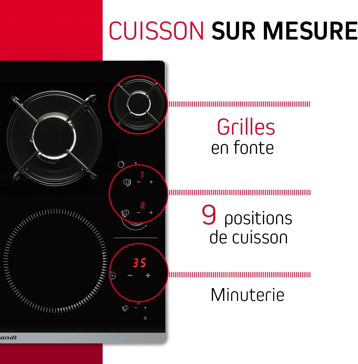 2026 Brandt - BPI6413BM - Plaque Induction et Gaz - Table de Cuisson - Noir - 4 Foyers - 3400W Electrique et 4600 Gaz - Dimensions Encastrement : 56x49cm - 9 Positions par Foyer - Fabriqué en France