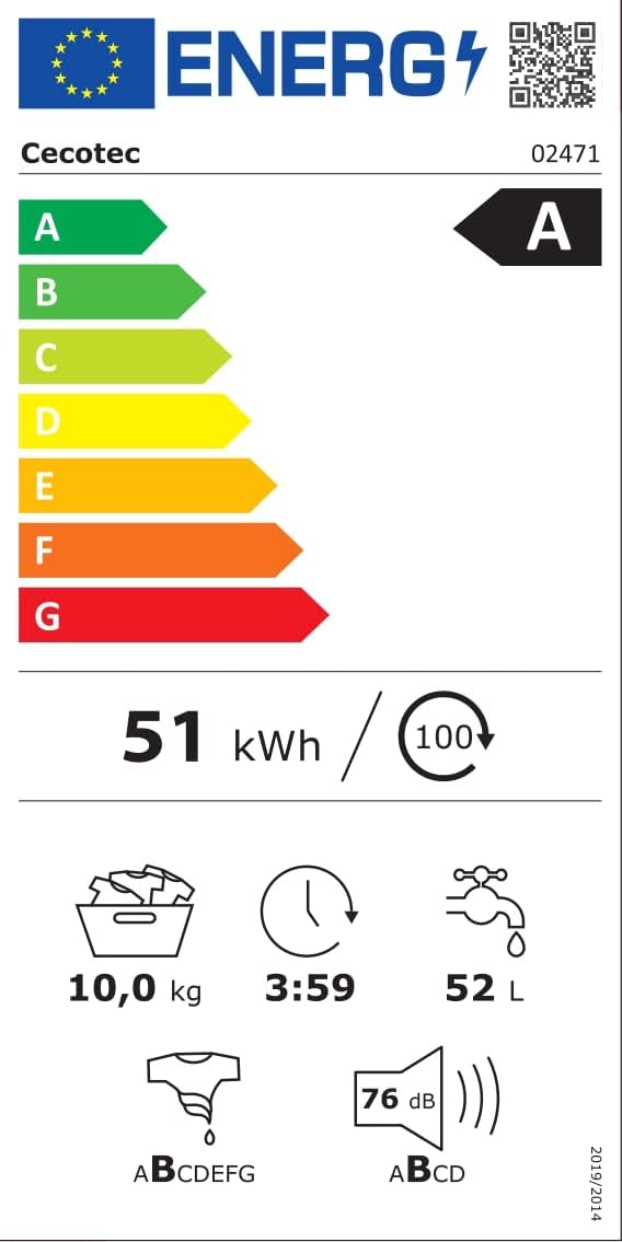 2026 Cecotec Bolero Dresscode 10500 Inverter Steel A. Lave-linge 10 kg Steel, 1400 tr/min, Moteur Inverter Plus, Vapeur, Classe A.