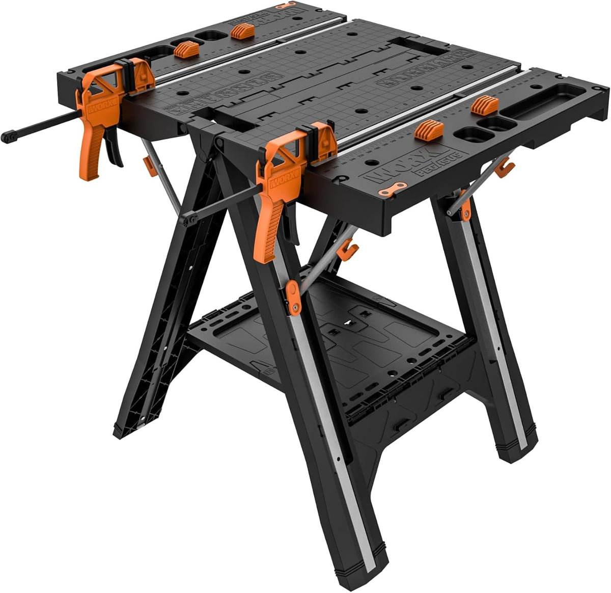 2026 2025 Table de Travail et Chevalet Pliant 2-en-1 Worx Pegasus, Banc de Travail Portable Facile à Installer, 31" L x 25" P x 32" H, Léger avec Haute Capacité de Charge, WX051 - Inclut 2 Serres et 4 Brides