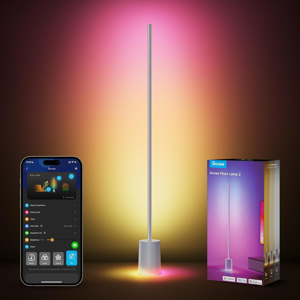 2026 2025 Lampadaire Govee 2 avec Matter, LED RGBIC, Blanc Chaud et Froid, Compatible Alexa, 1725 lm, Synchronisation Musique, Modes Scènes, Lampadaire Intelligent pour Salon et Chambre, Noir (1 Pièce)