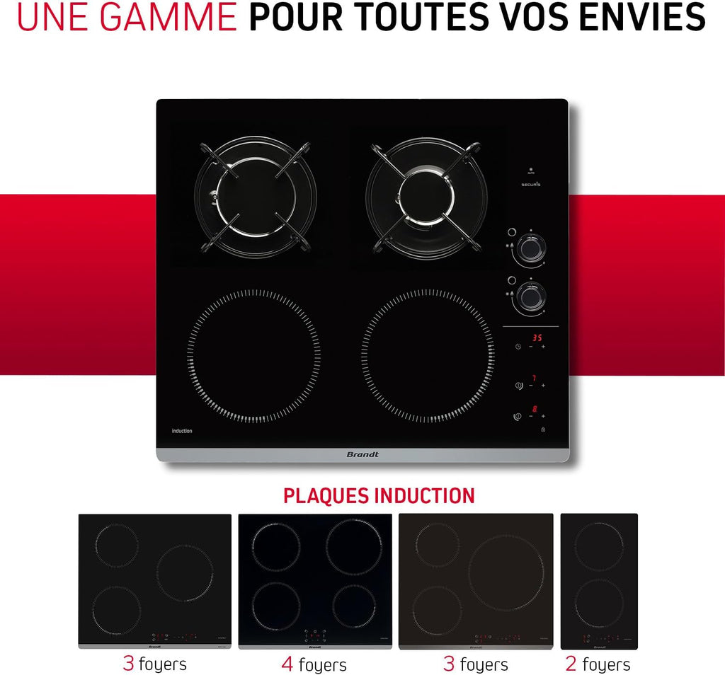 2026 Brandt - BPI6413BM - Plaque Induction et Gaz - Table de Cuisson - Noir - 4 Foyers - 3400W Electrique et 4600 Gaz - Dimensions Encastrement : 56x49cm - 9 Positions par Foyer - Fabriqué en France