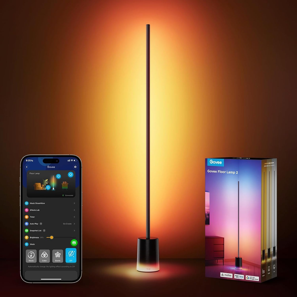 2026 2025 Lampadaire Govee 2 avec Matter, LED RGBIC, Blanc Chaud et Froid, Compatible Alexa, 1725 lm, Synchronisation Musique, Modes Scènes, Lampadaire Intelligent pour Salon et Chambre, Noir (1 Pièce)